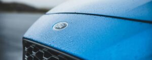 Close-up shot of a Ford car's bonnet.