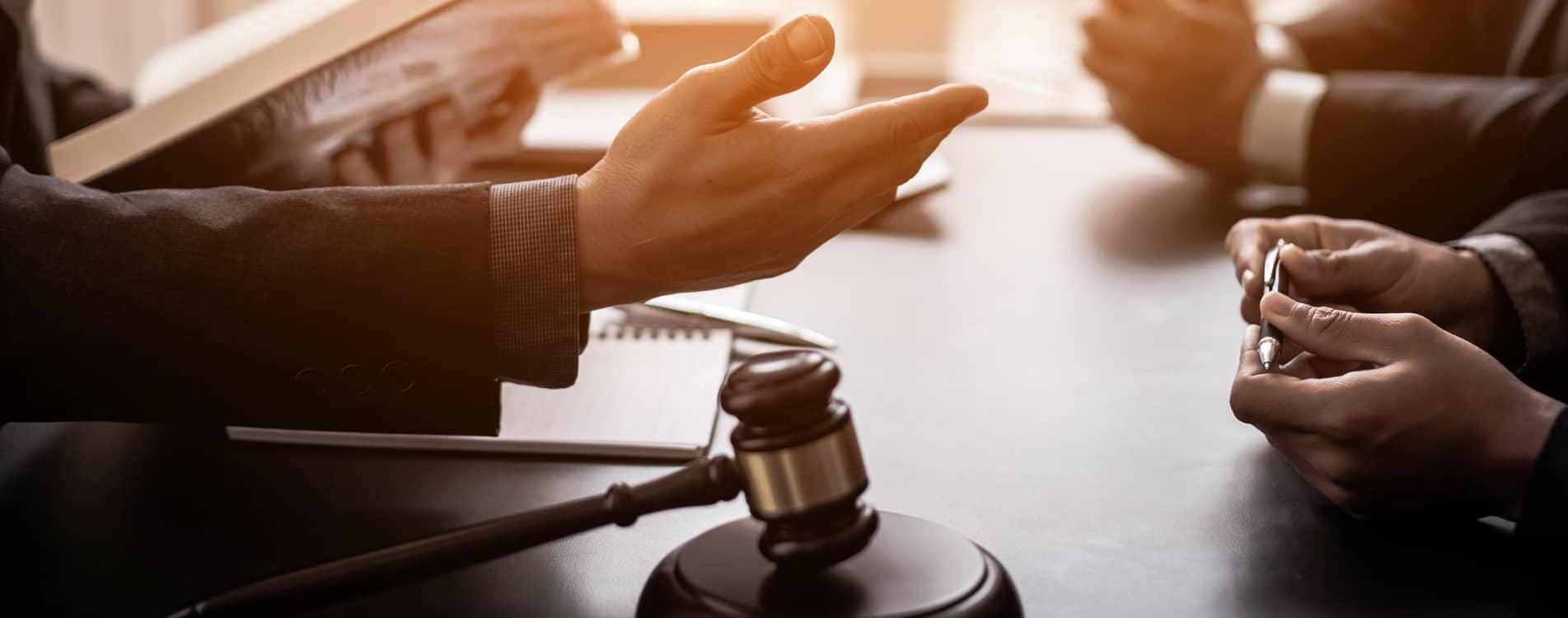 Business people and lawyers discussing a court case.