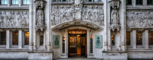 Outside the entrance to the UK's Supreme Court building.