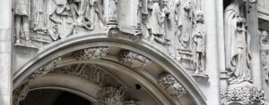 Close-up shop of the arch to the entrance of the Supreme Court building in London.