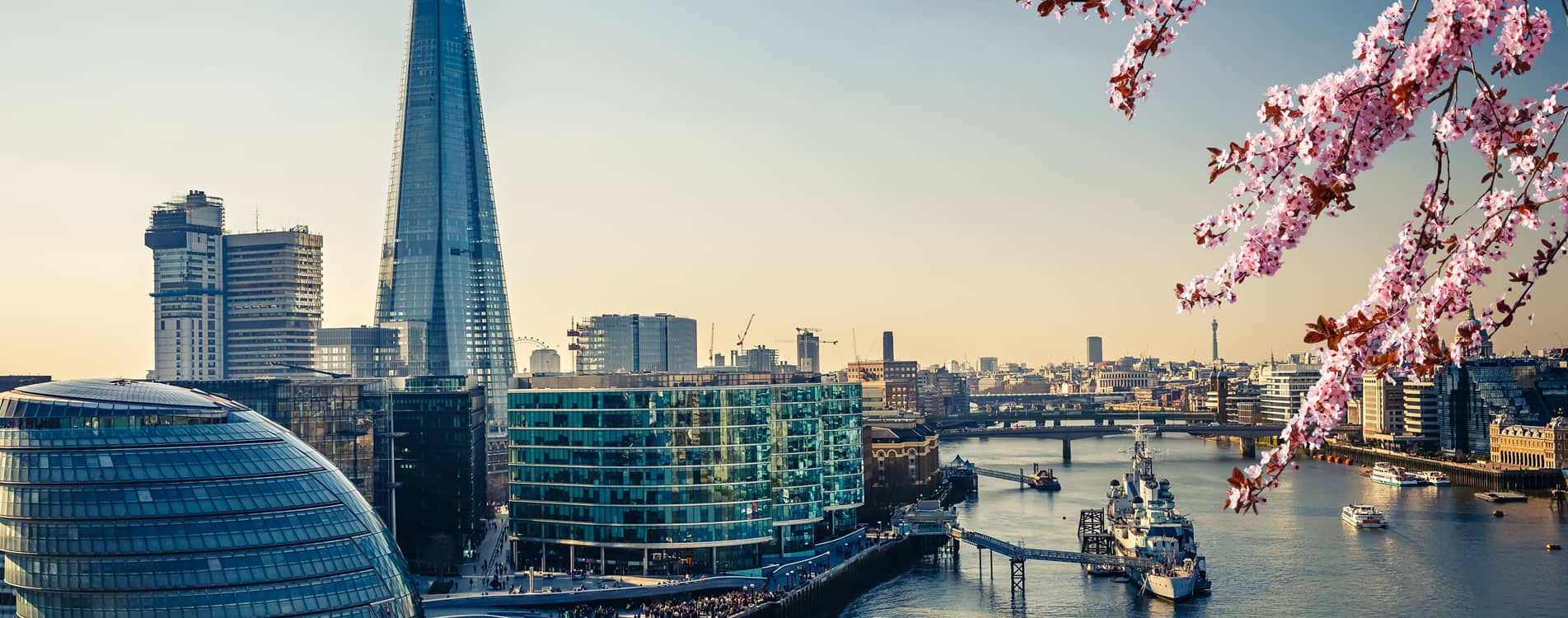 Aerial view of London looking down the River Thames.