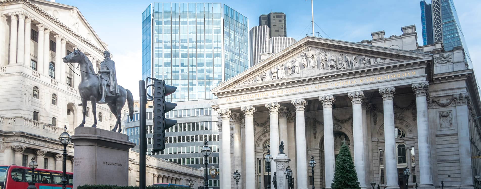 The Duke of Wellington statue and historic buildings in London.