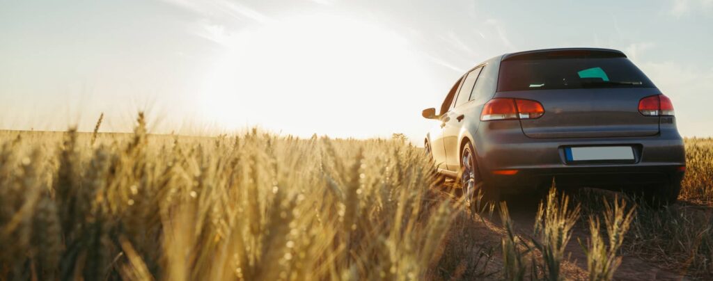 A Volkswagen car in a field with the sun shining bright in the background.